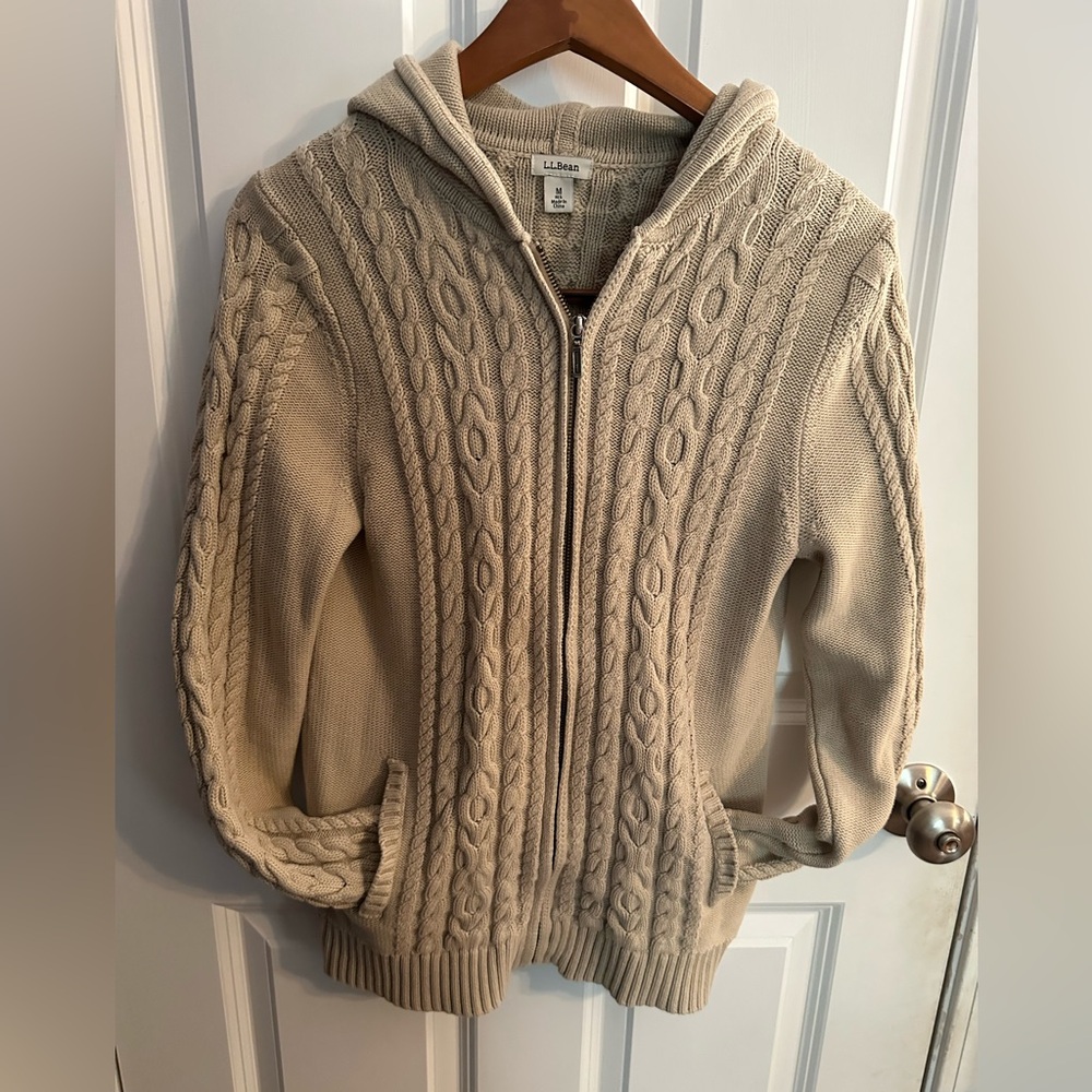 Women’s Tan L.L. Bean Zip Up Hooded Cardigan with Pockets Size M 10-12